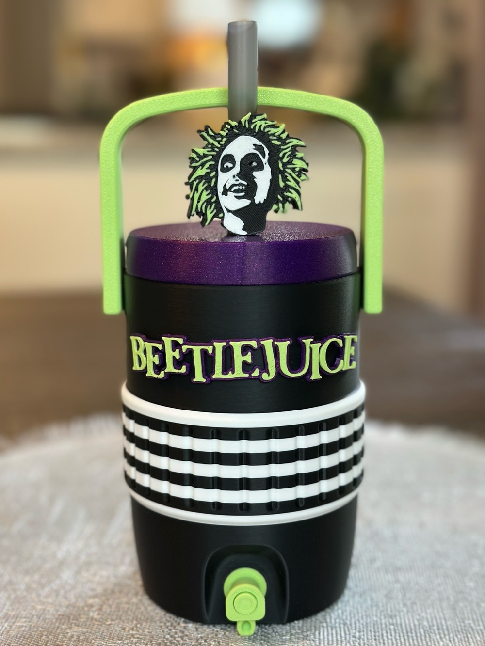 Beetlejuice Halloween Themed Can Cooler with Straw Topper
